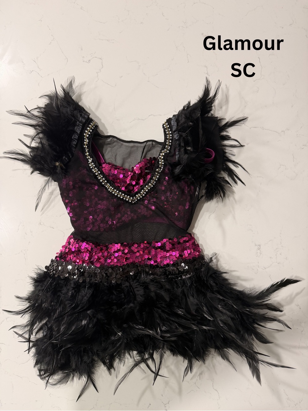 Glamour Kids Dance Costume Black and Hot Pink Sequin Feather Dress